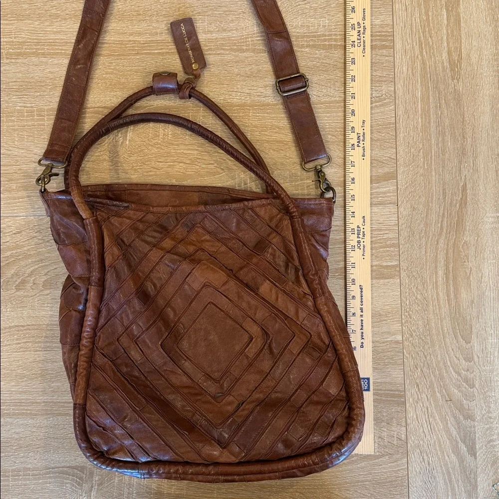 Monserat de Lucca Benecio XL Leather Strip Design Tote Bag Double Rolled Handles - Picture 7 of 8